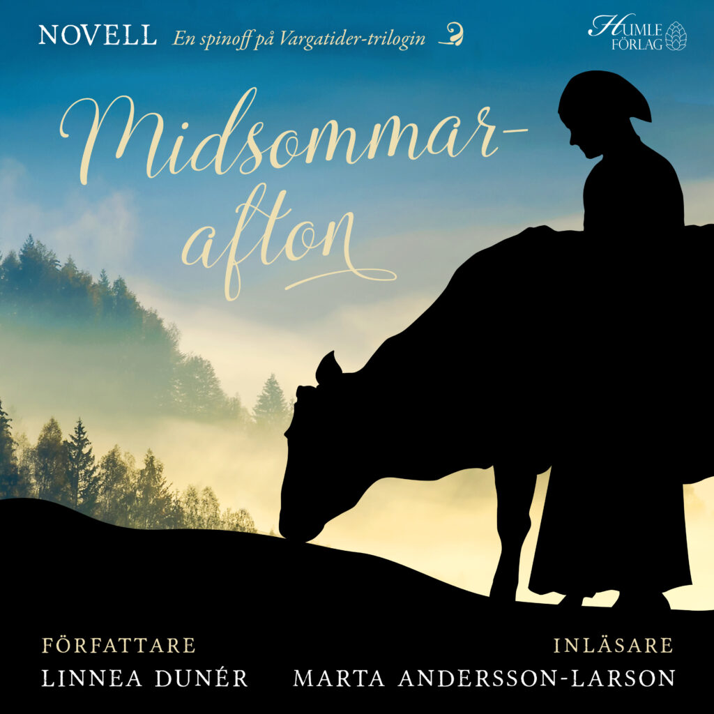 Omslaget till ljudnovellen Midsommarafton med en kvinna och en ko i siluett mot en sommarkvällshimmel